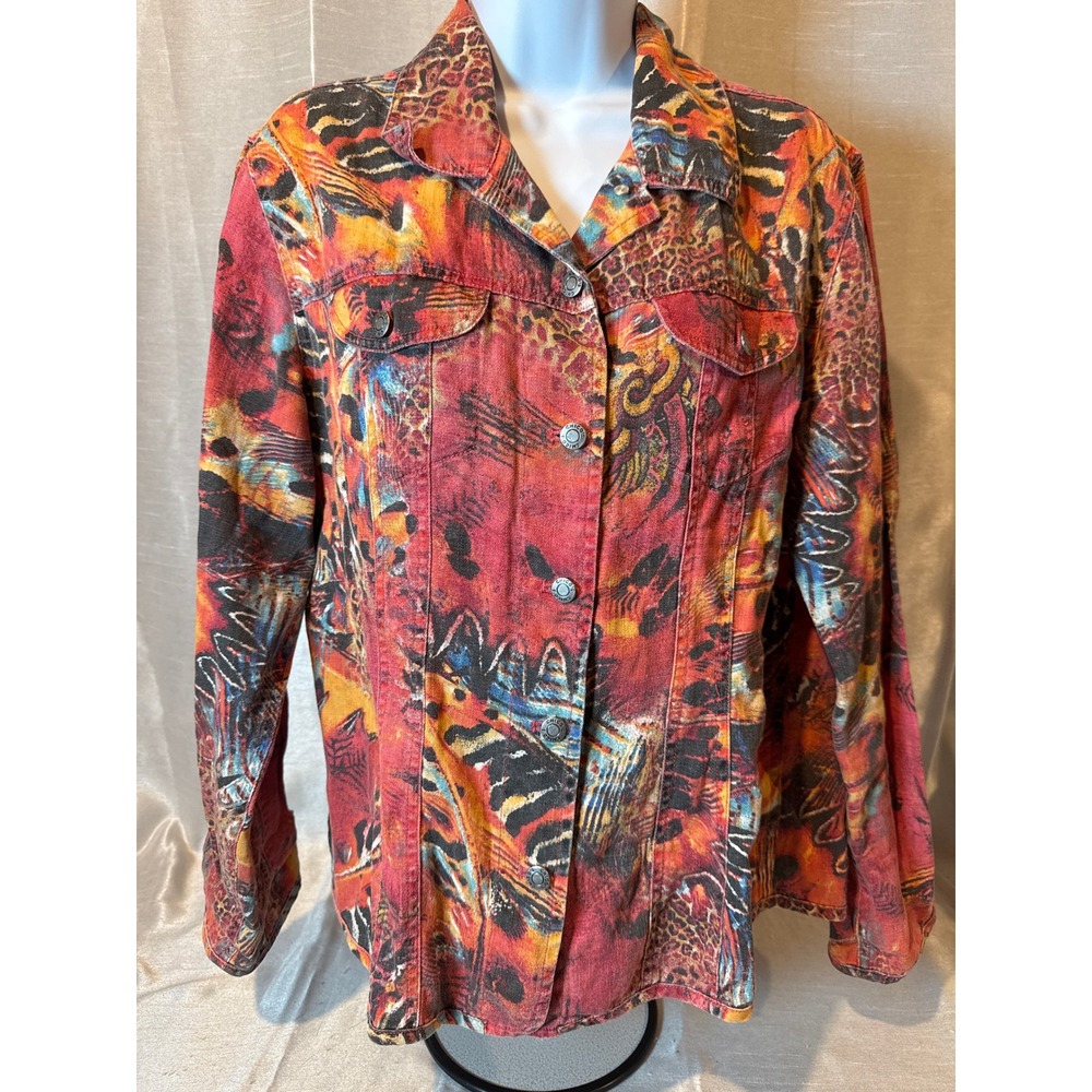 Chicos Design Women's Linen Cotton Abstract Print Denim Jacket Size 2